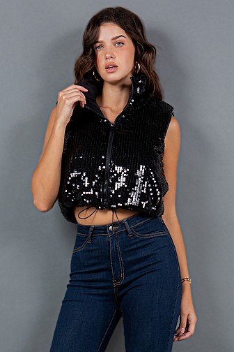 SPANGLE PADDED MOCK NECK VEST