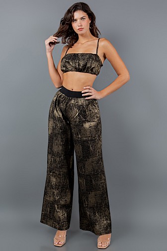 FOILED WIDE LEG PANTS AND SPAGHETTI TANK TOP SET