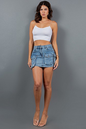 WASHED DENIM ZIP FLY MINI SKIRT