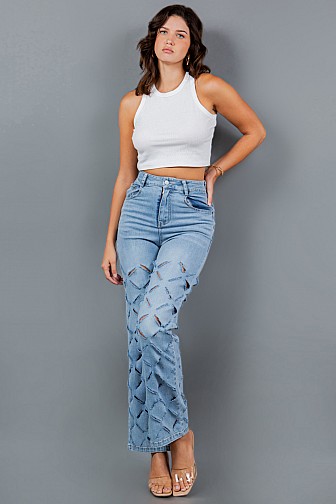CROSS CUT OUT STRETCH DENIM WIDE LEG PANTS