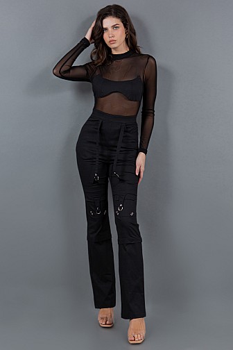 MESH MOCK NECK CARGO JUMPSUIT