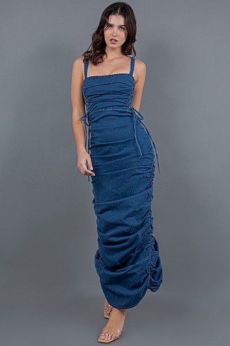 WASHED LACE UP DETAILED RUCHED DENIM LONG DRESS.
