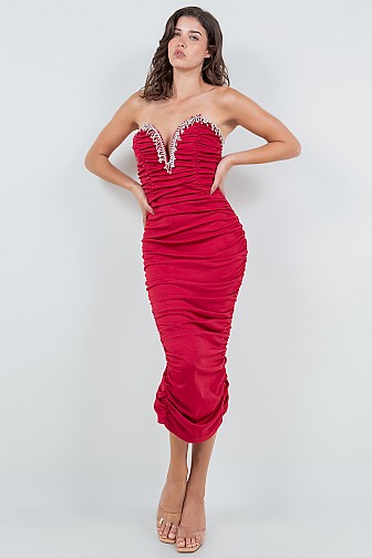 EMBELLISHED SWEETHEART STRAPLESS RUCHED MIDI DRESS