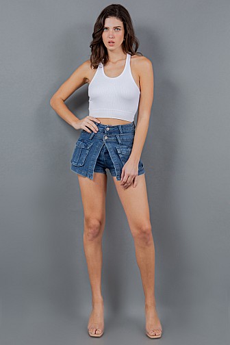 DOUBLE LAYERED LOOK CARGO DENIM SHORTS