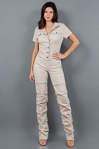 BUTTON UP MOCK NECK SHORT SLEEVE STACKED WIDE LEG JUMPSUIT