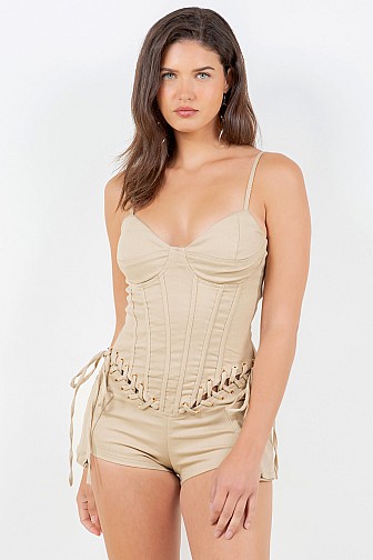 LACE UP DETAILED TWILL CARGO ROMPER