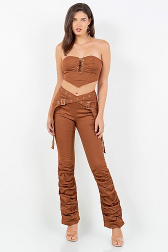 LACE UP TOP AND BELT DETAILED STACKED PANTS SET.