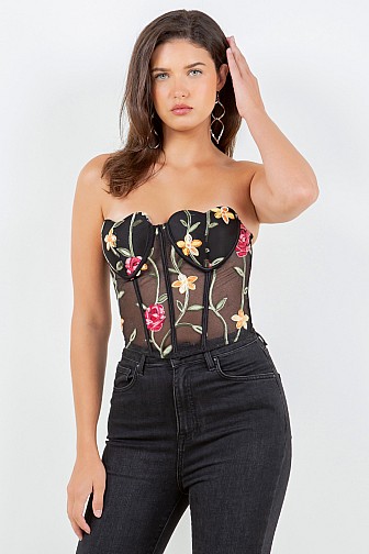 FLORAL EMBROIDERY MESH STRAPLESS TOP