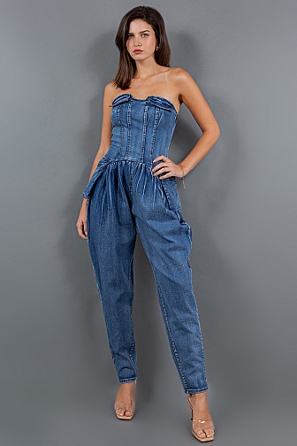 WASHED DENIM TUBE BAGGY JUMPSUIT