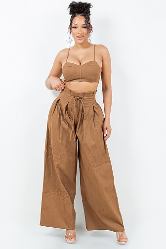 STRETCH TWILL WIDE LEG PAPER BAG WAIST PANT.