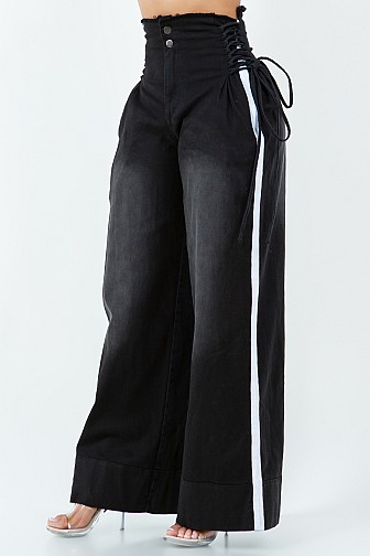 LACE UP SIDE STRIPE DETAILED WIDE LEG HIGH WAIST DENIM PANT