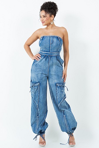 WASHED DENIM TUBE BAGGY CARGO JUMPSUIT