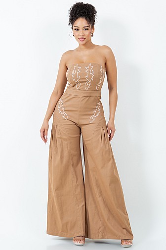 WESTERN STYLE EMBROIDERY TUBE WIDE LEG JUMPSUIT