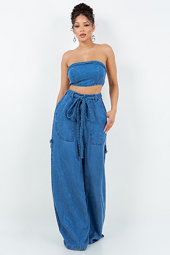 WASHED CABLE KNIT TIE DETAILED WIDE LEG SET.