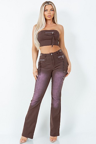 ZIPPERED STRAPLESS CROP TOP & BUCKLED FLARE PANTS SET