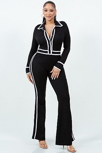 FUR-LINED CONTRAST BUTTONED RIB KNIT JUMPSUIT