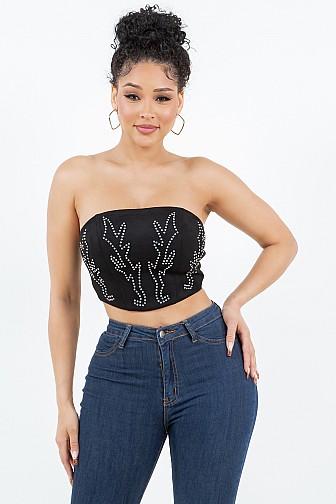 WESTERN STYLE RHINESTONE DETAILED LACE UP BACK BODYSUIT