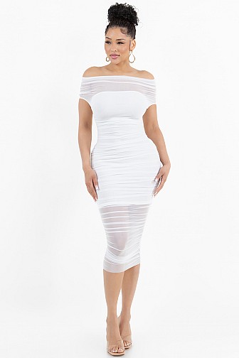 MESH RUCHED MIDI DRESS