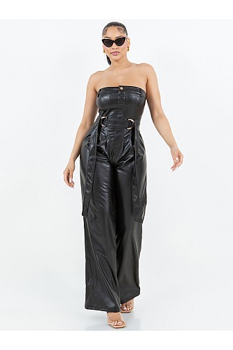 STRAPLESS BELTED WIDE-LEG PU JUMPSUIT