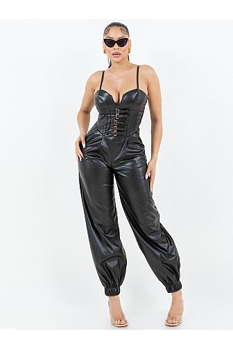 BUCKLE DETAILED PU BUBBLE JUMPSUIT