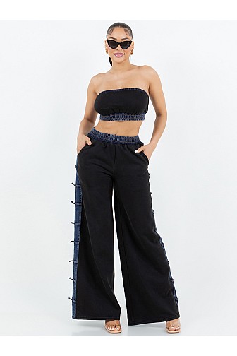 DENIM CONTRAST TUBE TOP & WIDE-LEG PANTS SET