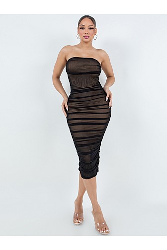SHEER RUCHED MESH TUBE MIDI BODYCON DRESS