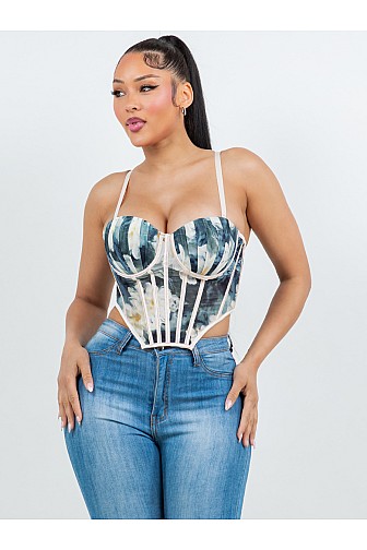 FLORAL PRINT RUCHED BRA CUP CORSET TOP