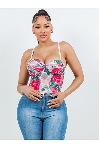 FLORAL PRINT RUCHED BRA CUP CORSET TOP