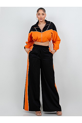 WIND-RESISTANT FULL ZIP CROP JACKET AND WIDE LEG PANT SET