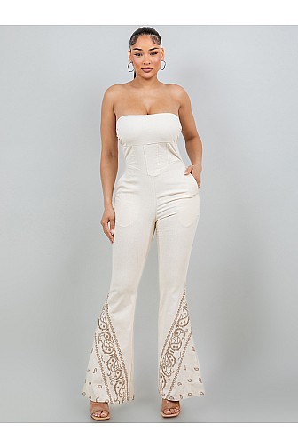 STRAPLESS SKINNY JUMPSUIT WITH EMBROIDERY DETAIL.