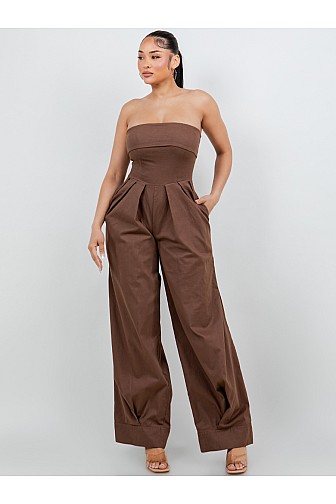 STRAPLESS TUBE TWILL WIDE LEG JUMPSUIT.