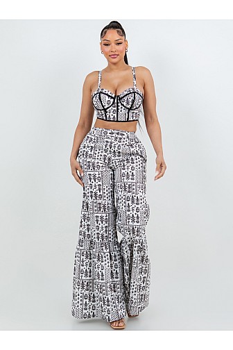 PRINT CROP TOP AND WIDE LEG PANT MATCHING SET