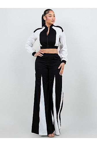 WIND-RESISTANT FULL ZIP CROP JACKET AND WIDE LEG PANT SET