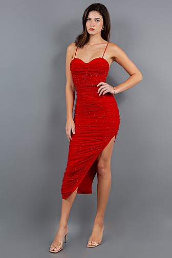  RUCHE MIDI DRESS WITH PEARL STUDS ALL OVER AND THIGHT SLIT DETAIL.