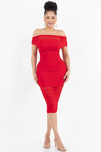 MESH RUCHED MIDI DRESS