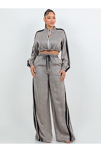 DRAW STRINGS WAIST WIDE LEG TENCEL PANT.