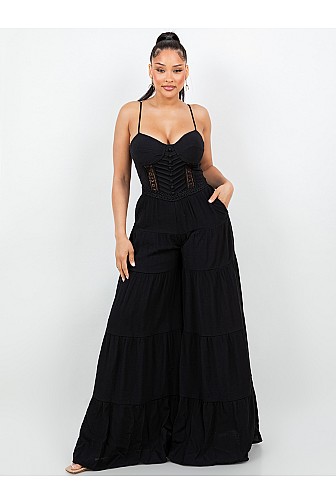 CROCHET DETAIL ULTRA WIDE LEG SLEEVELESS JUMPSUIT