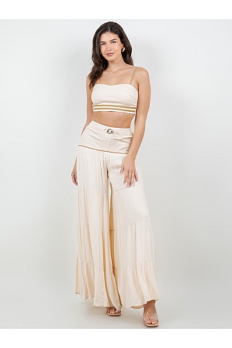 COTTON TWILL CROP TOP AND WIDE LEG PANT SET.