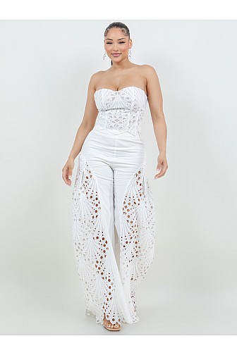 CROCHET DETAILED CROCHET TUBE TOP AND WIDE LEG PANT SET