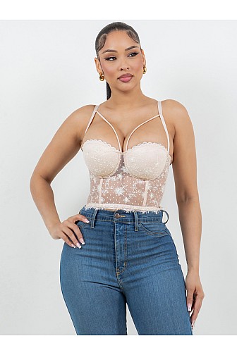 SHEER EMBROIDERED LACE CORSET TOP

