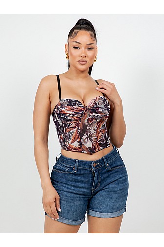Palm Print Mesh Corset Top