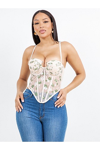 FLORAL EMBROIDERED SHEER MESH CORSET TOP

