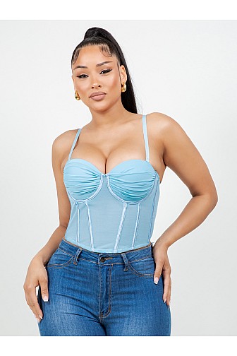 Mesh Boned Corset Top with Ruched Bust Detail