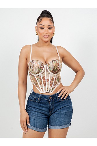 MESH LEAF PRINT CORSET TOP

