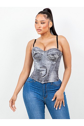 DENIM PRINT STRUCTURED BUSTIER TOP

