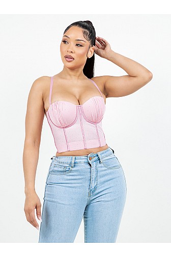 RHINESTONE MESH BUSTIER CROP TOP

