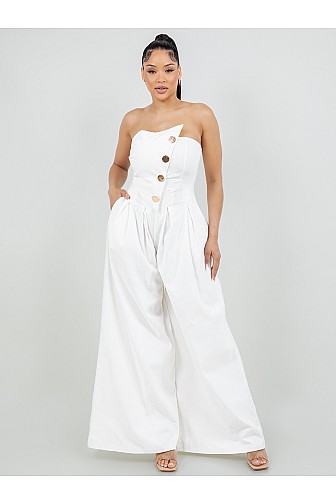 BUTTON DETAILED TUBE COTTON TWILL WIDE LEG JUMPSUITSTRAPLESS WIDE-LEG JUMPSUIT WITH STATEMENT BUTTON