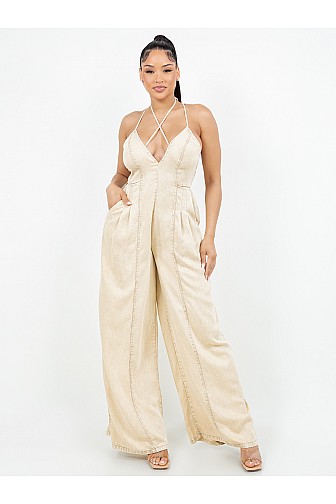 Strappy Halter Wide-Leg Denim Jumpsuit
