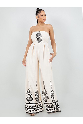 STRAPLESS WIDE-LEG EMBROIDERED JUMPSUIT

