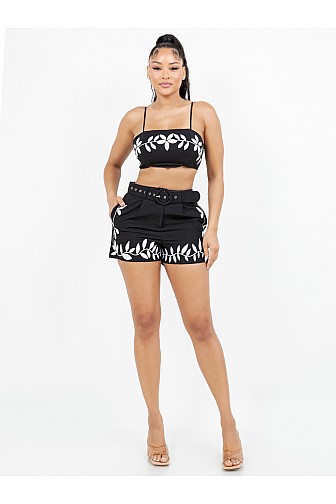 LEAF EMBROIDERY MATCHING SET WITH BELTED SHORTS

